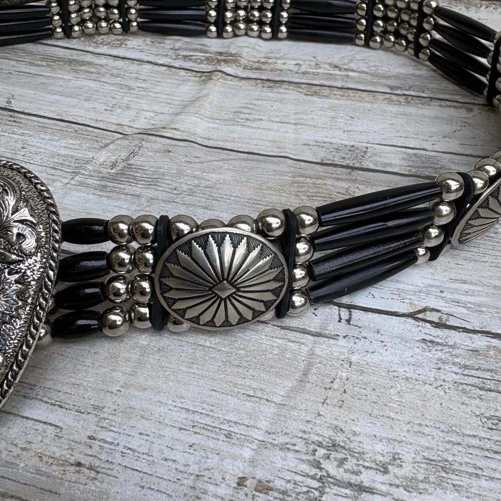 Cactus Mountain Western Belt 38 Handmade Black Silver 4 Strand Bone Beads Concho